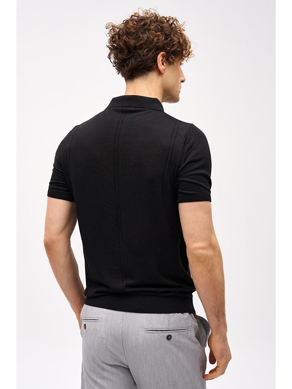 Siyah Slim Fit Dar Kalıp Polo Yaka Düz Kısa Kollu Triko Tişört-4