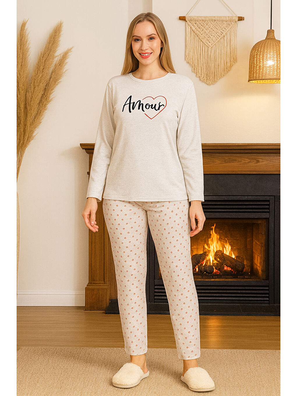 Siyah Kadın Kalp Desen Suprem Pijama Takımı 0472 Vizon04-2