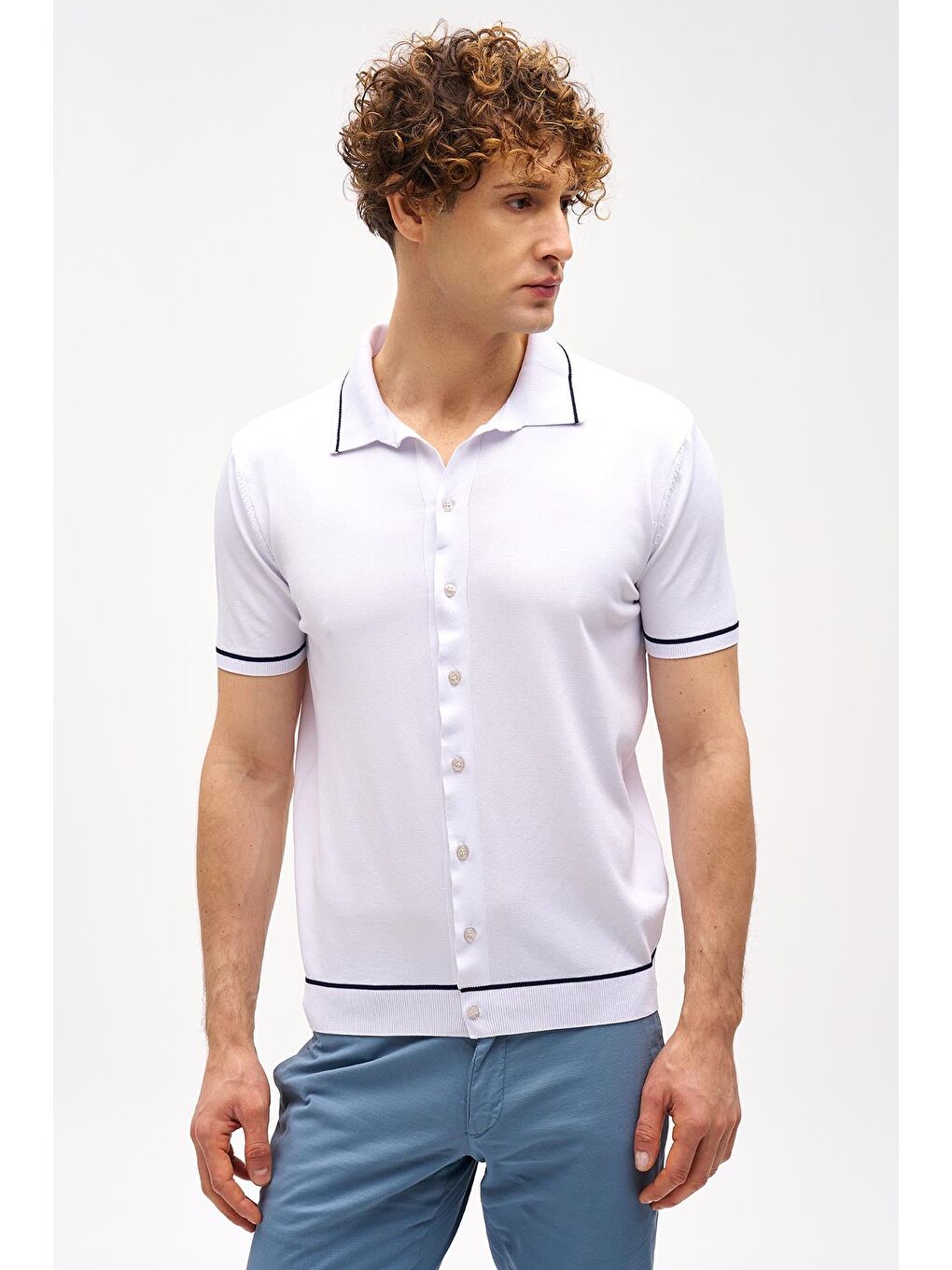 Beyaz Slim Fit Dar Kalıp Düğmeli Polo Yaka Desenli Kısa Kollu Triko Tişört-2