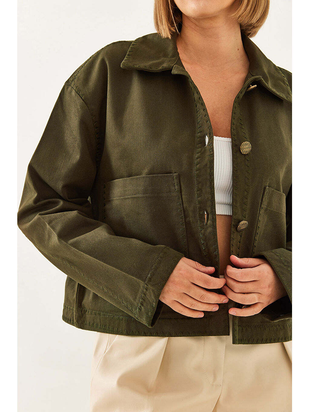 Haki Kadın İşlemeli Ceket MBMS-1