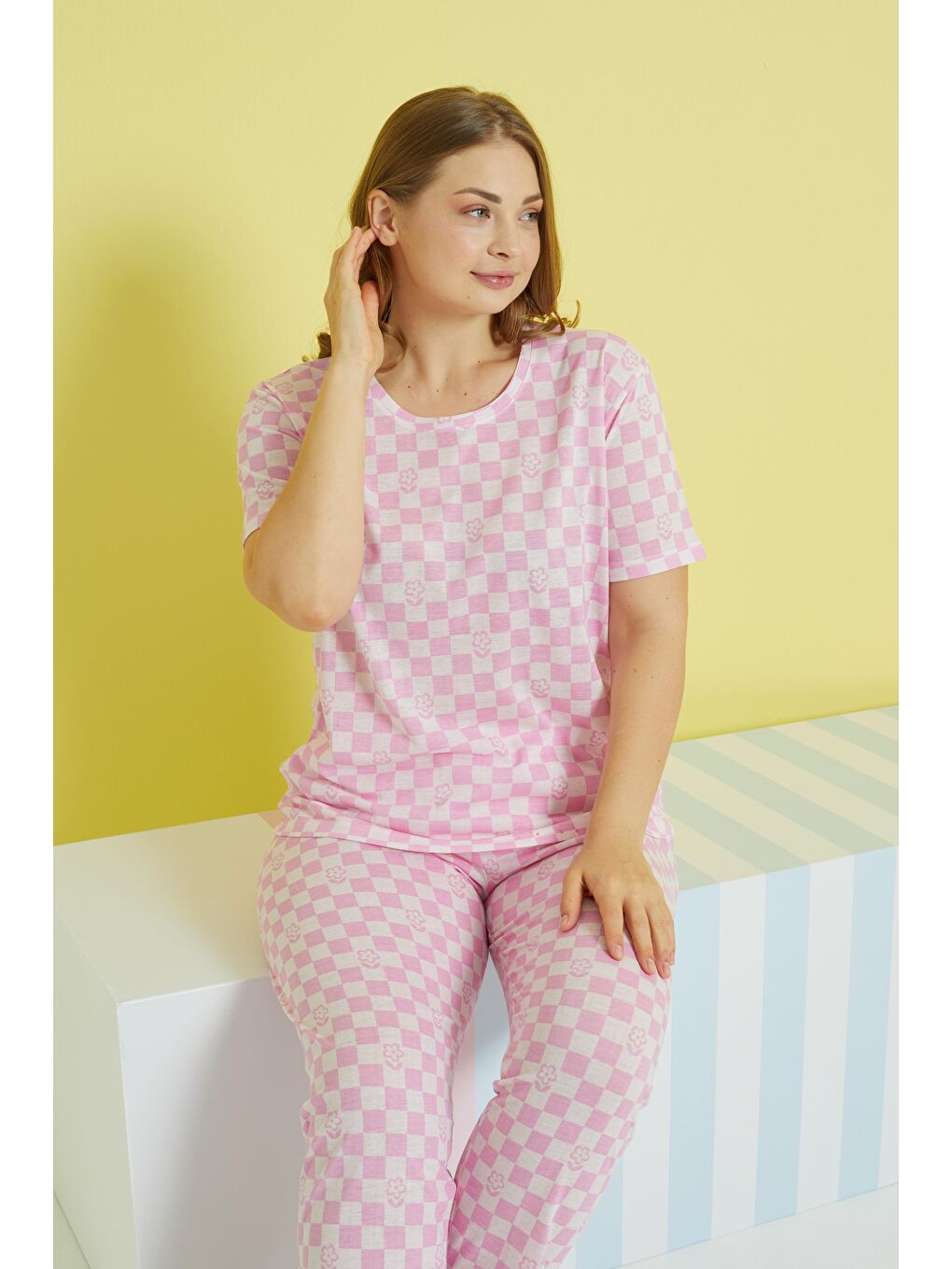 SİYAH İNCİ Pembe Curve Büyük Beden Battal Boy Örme Pijama Takımı - 1