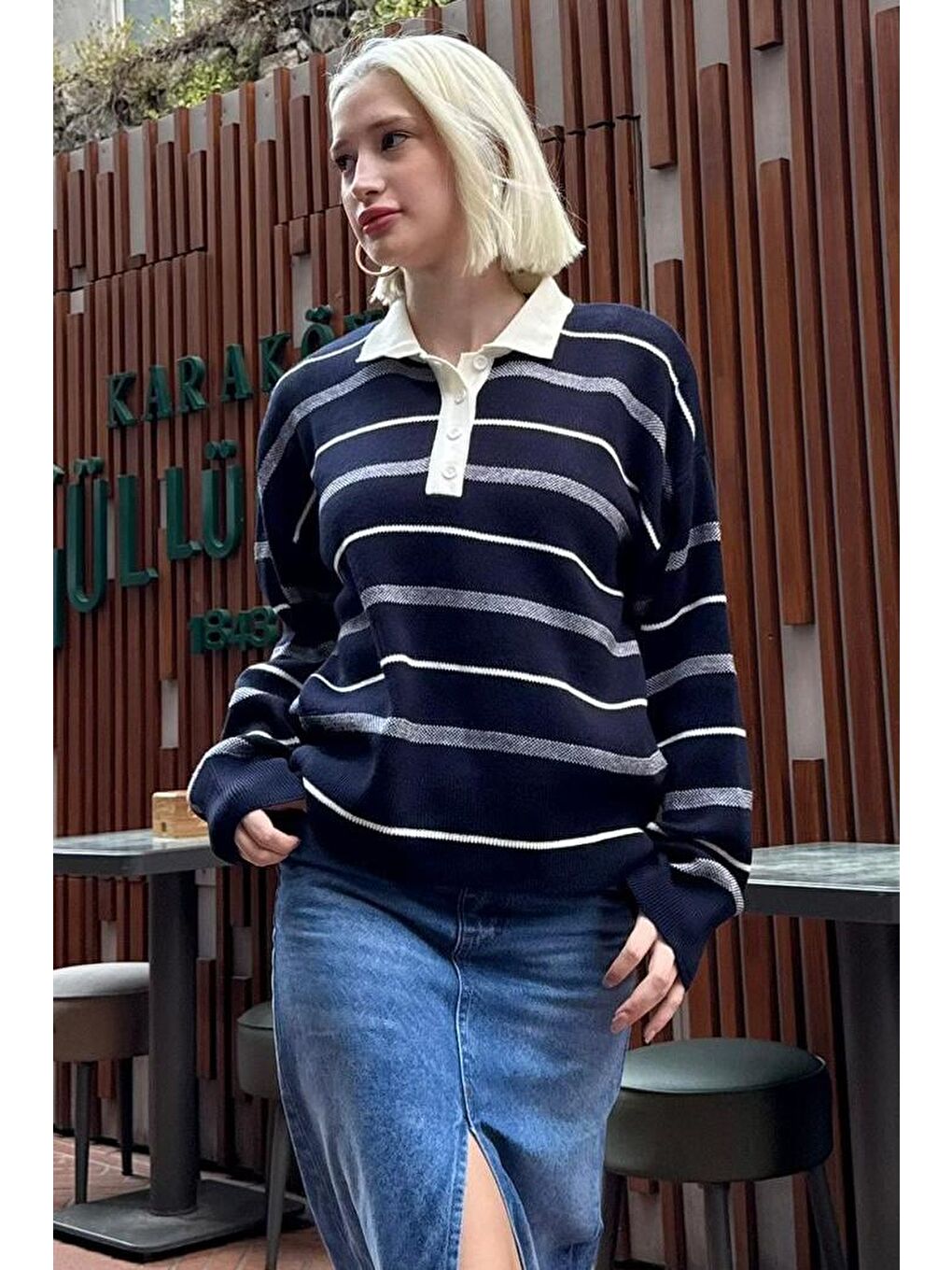 Lacivert Çizgili Polo Yaka Kadın Kazak Mg2476