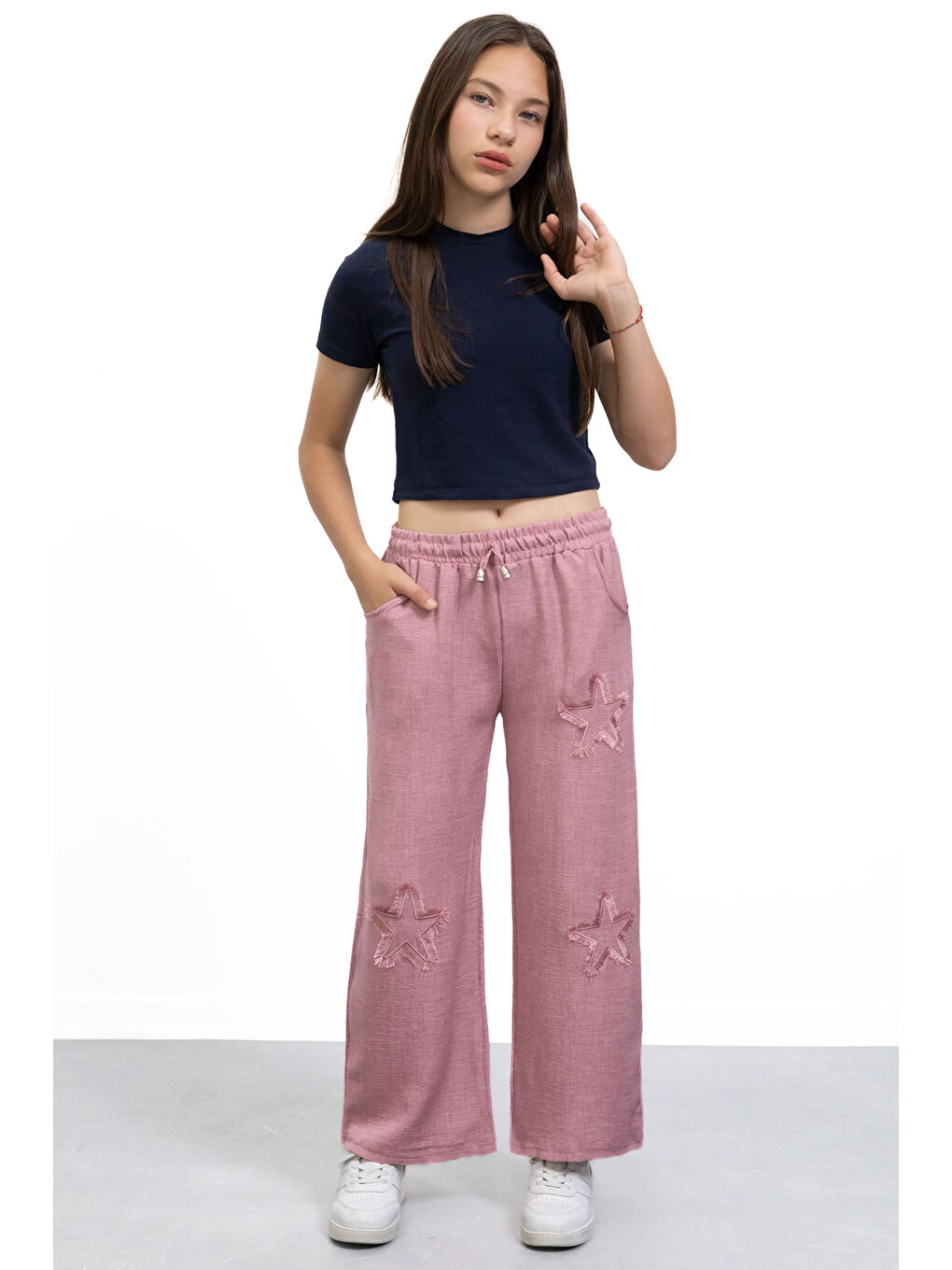 Pembe Yıldız Nakışlı Geniş Paça Rahat Kumaş Kız Çocuk Pantolon 21148