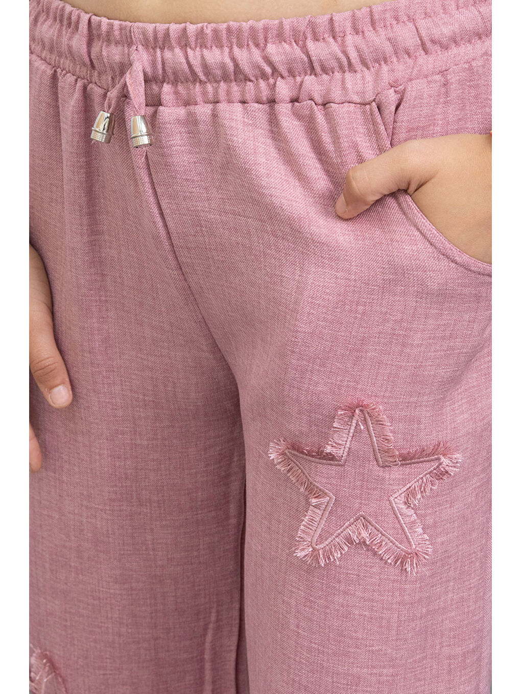 Pembe Yıldız Nakışlı Geniş Paça Rahat Kumaş Kız Çocuk Pantolon 21148-1