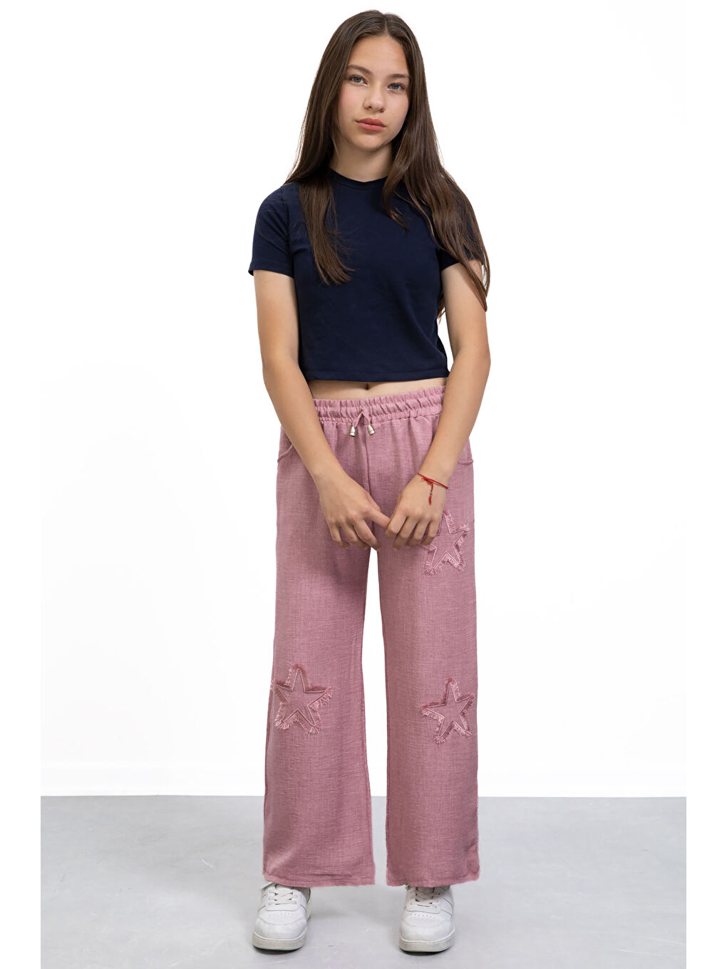 Pembe Yıldız Nakışlı Geniş Paça Rahat Kumaş Kız Çocuk Pantolon 21148-2