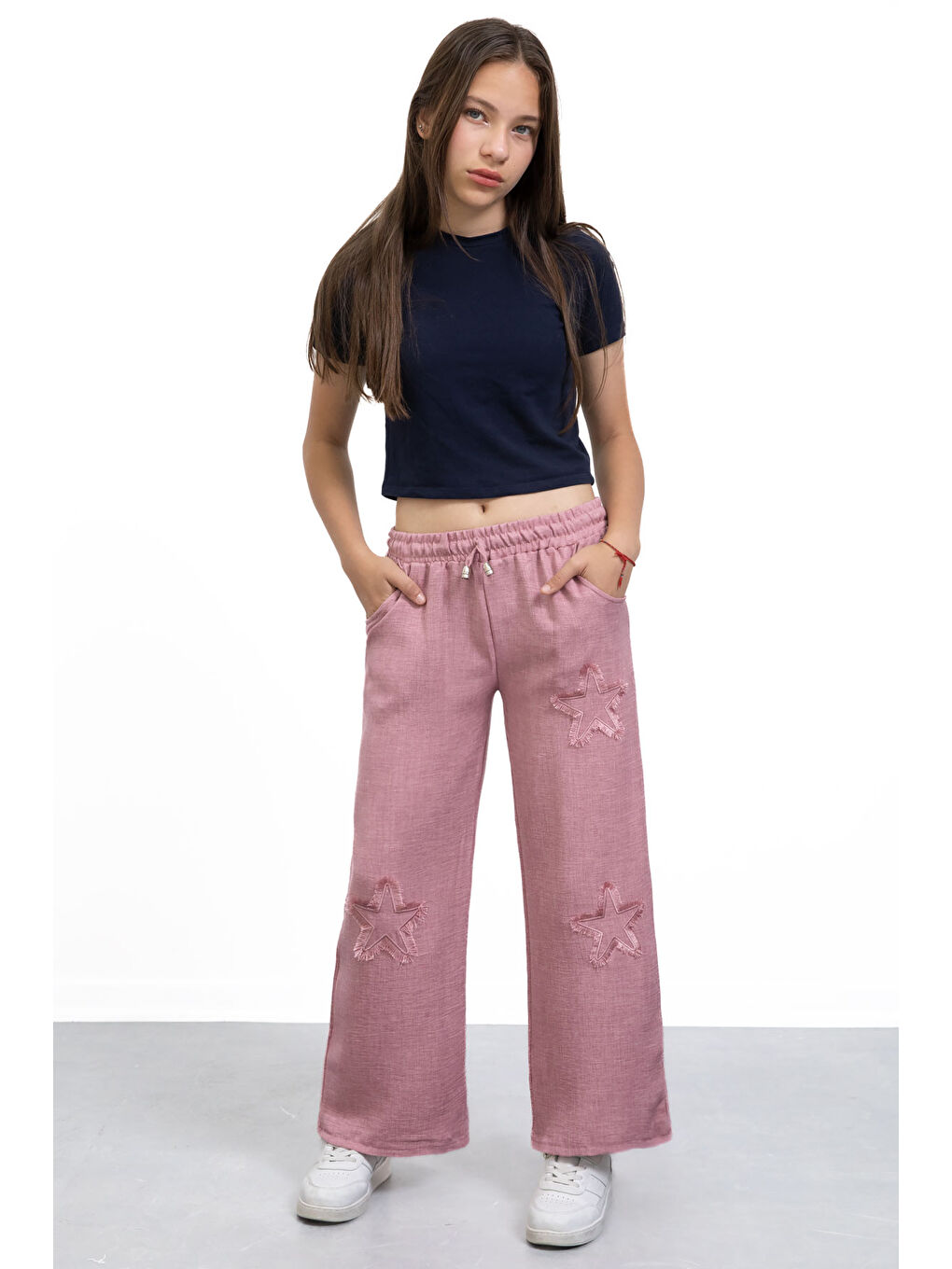 Pembe Yıldız Nakışlı Geniş Paça Rahat Kumaş Kız Çocuk Pantolon 21148-3