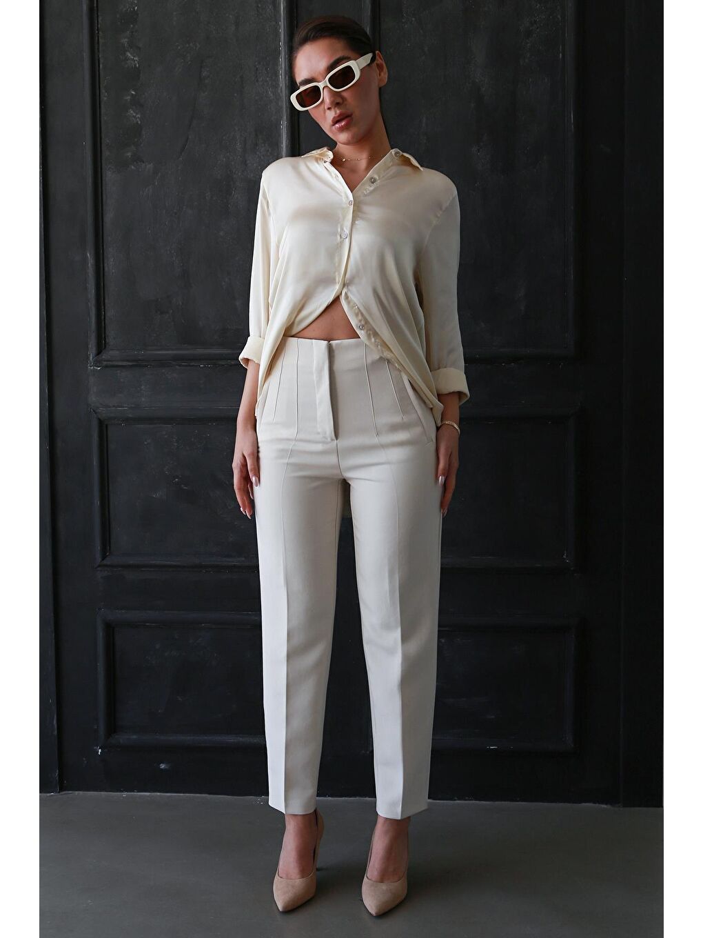 Ekru Krem Önü Biyeli Yüksek Bel Kadın Pantolon Mg2425-3