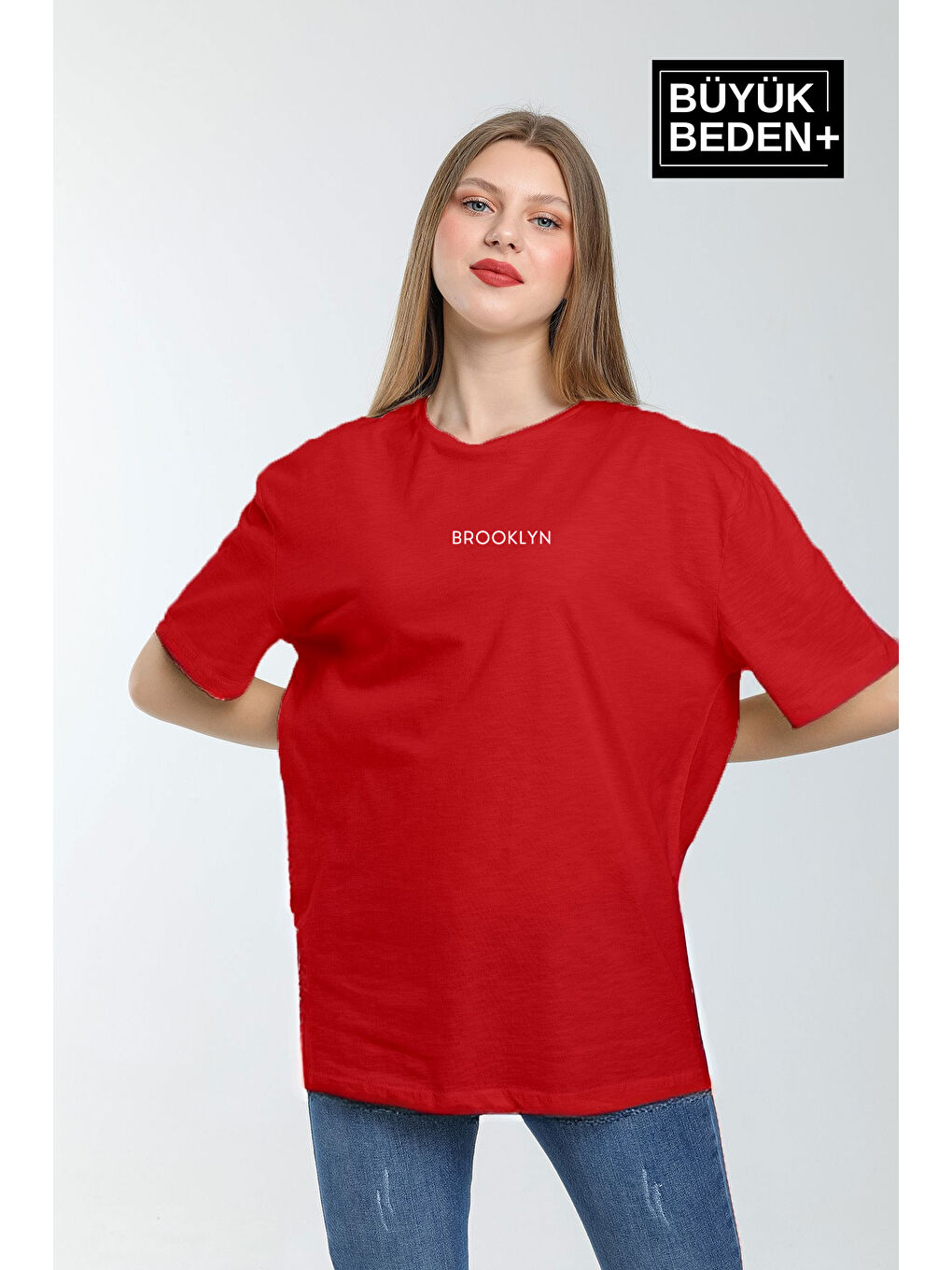 Kırmızı Kadın Büyük Beden Orta Brooklyn Baskılı Bisiklet Yaka Tshırt SPR25BTSK11