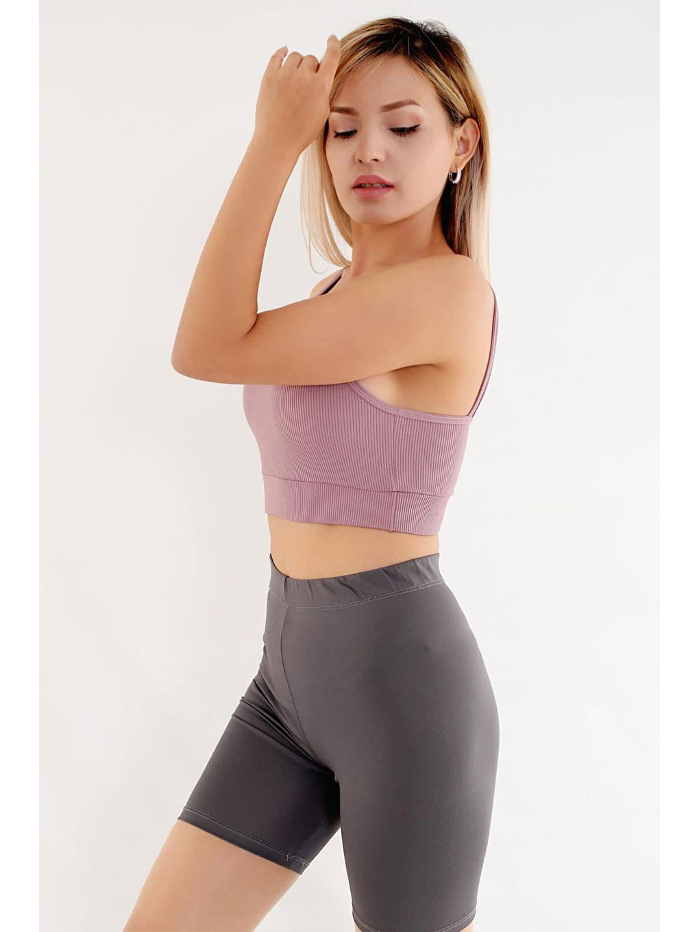 Pembe Kadın Fitilli Kaşkorse Kumaş Geniş Askılı Crop, Sporcu Sütyeni