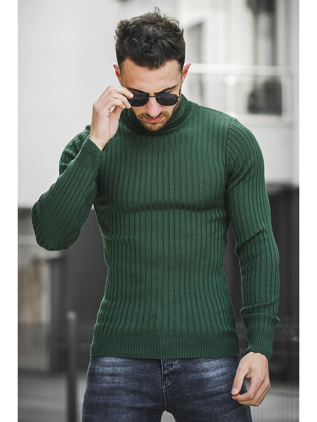 Oksit Yeşil Kalın Fitilli Slim Fit Erkek Boğazlı Kazak - 2