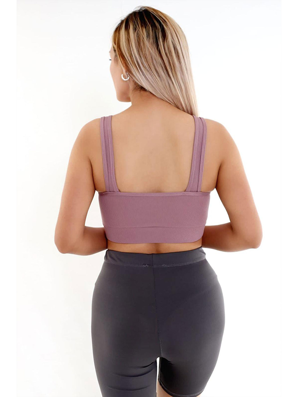 Pembe Kadın Fitilli Kaşkorse Kumaş Geniş Askılı Crop, Sporcu Sütyeni-1