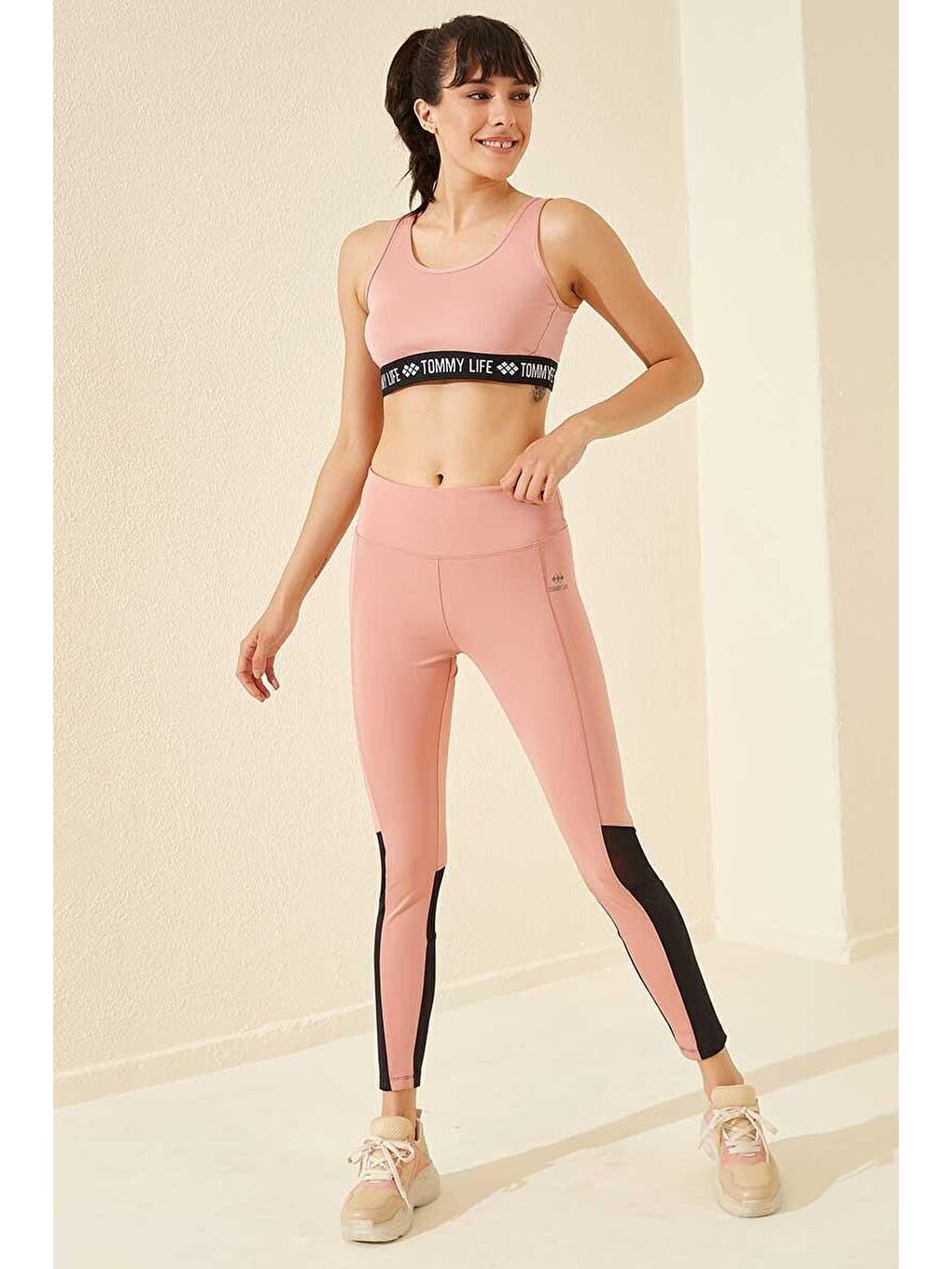 Pembe Pudra Yüksek Bel File Detaylı Dalgıç Kumaş Dar Paça Kadın Tayt - 94538-1