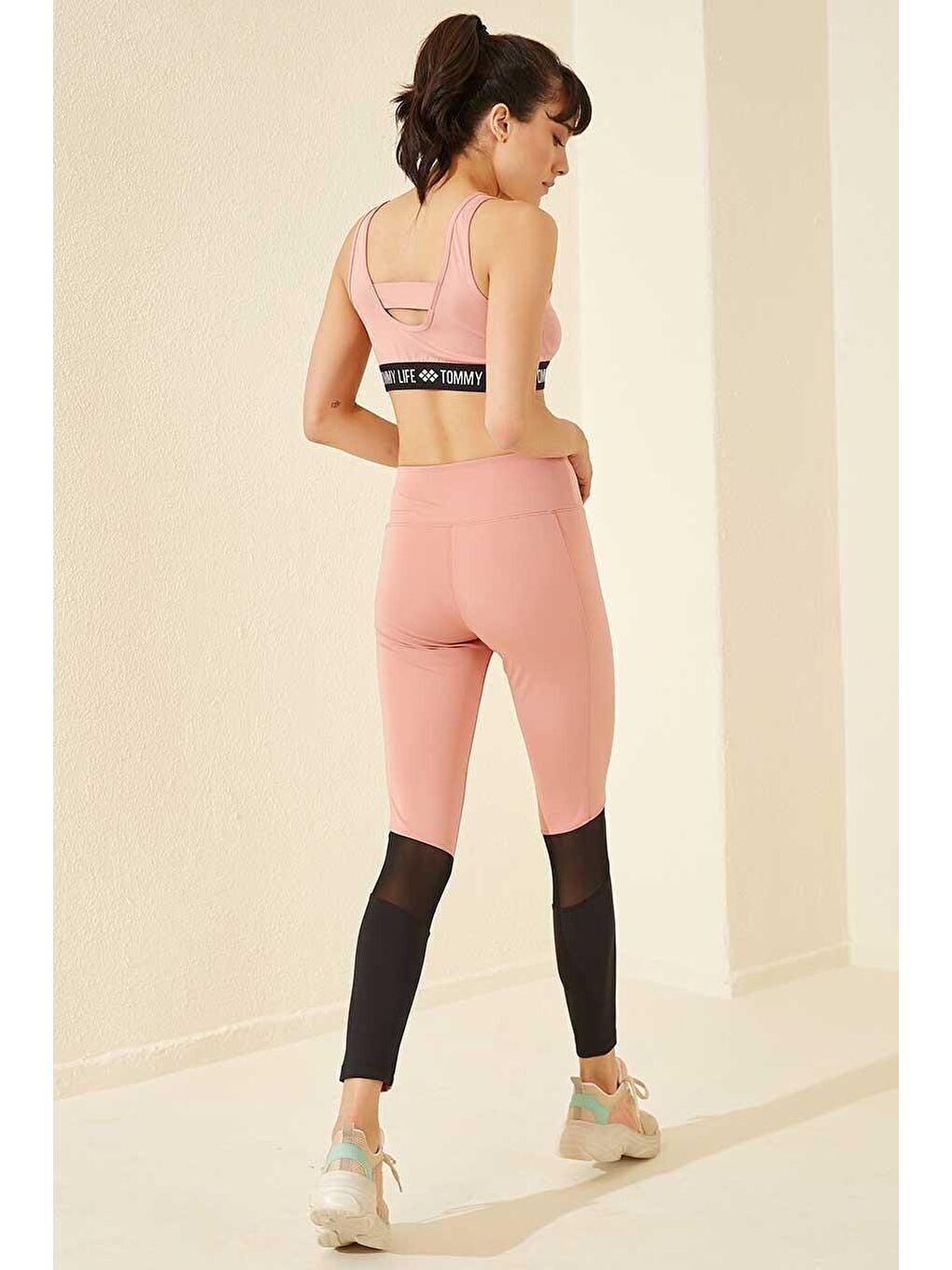 Pembe Pudra Yüksek Bel File Detaylı Dalgıç Kumaş Dar Paça Kadın Tayt - 94538-2