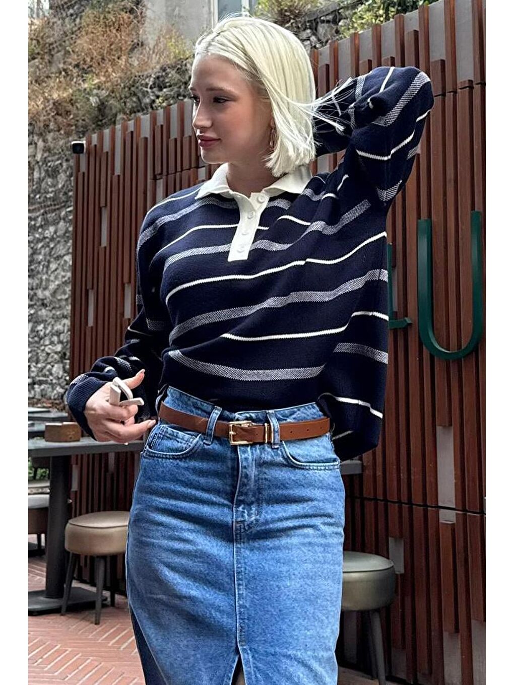 Lacivert Çizgili Polo Yaka Kadın Kazak Mg2476-1