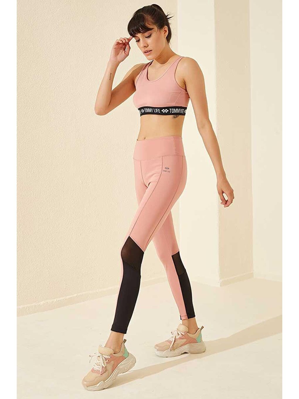 Pembe Pudra Yüksek Bel File Detaylı Dalgıç Kumaş Dar Paça Kadın Tayt - 94538-3