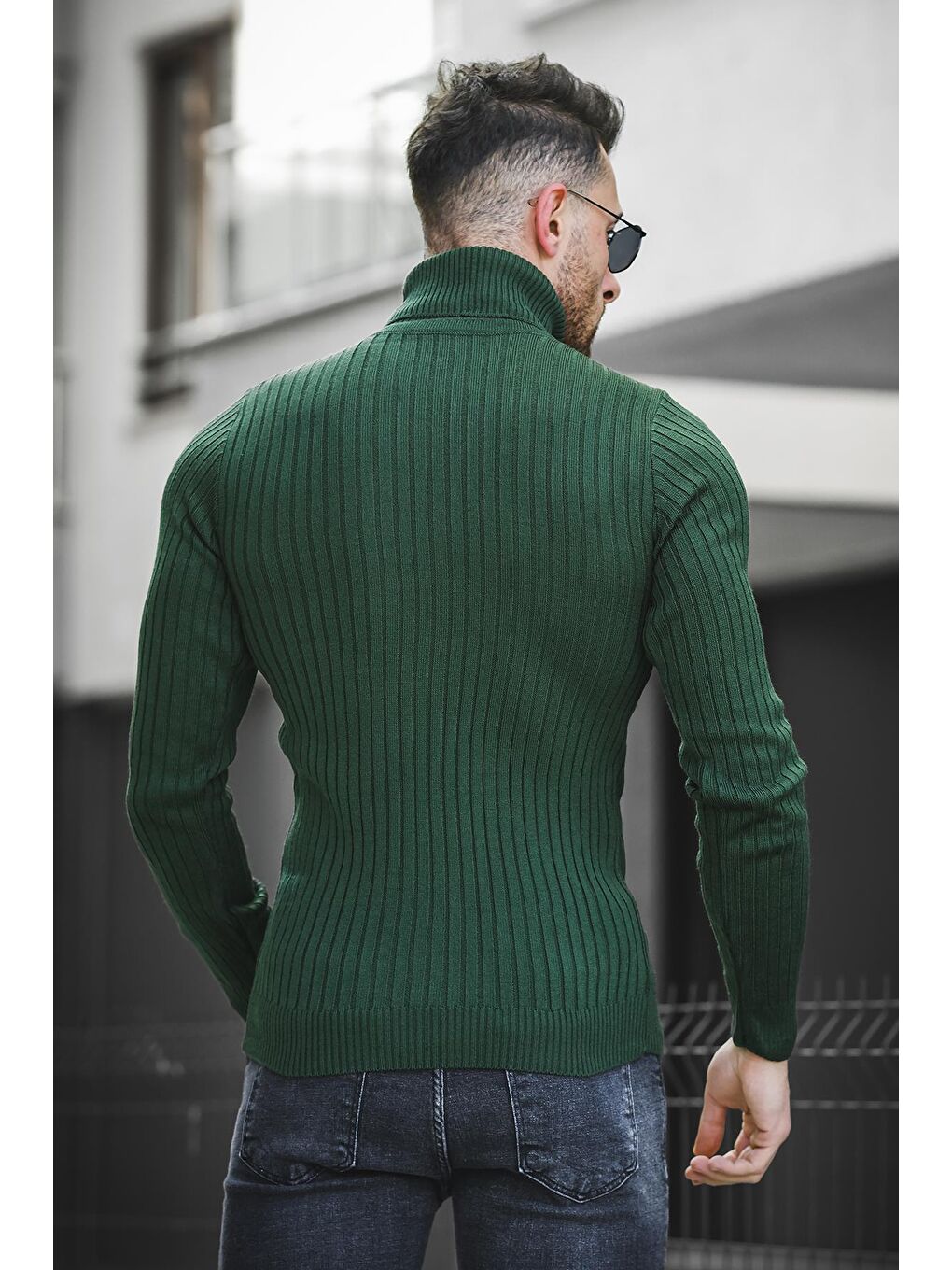 Oksit Yeşil Kalın Fitilli Slim Fit Erkek Boğazlı Kazak - 3