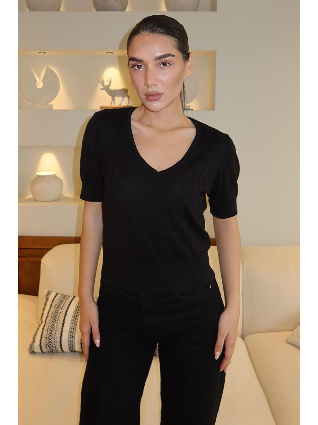 Siyah V Yaka Örgülü Kadın Triko Tişört Mg2369-3