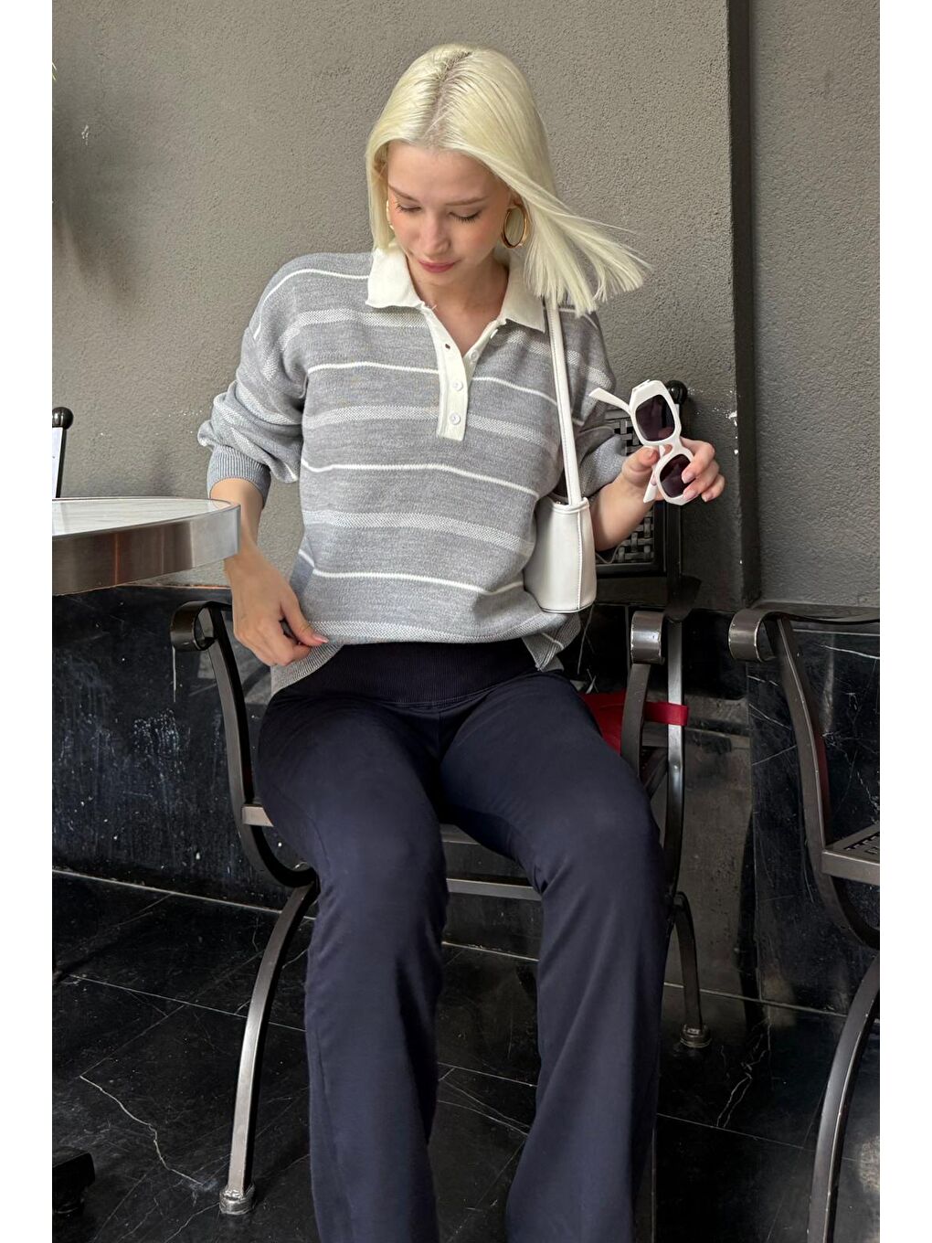 Gri Çizgili Polo Yaka Kadın Kazak Mg2476-1