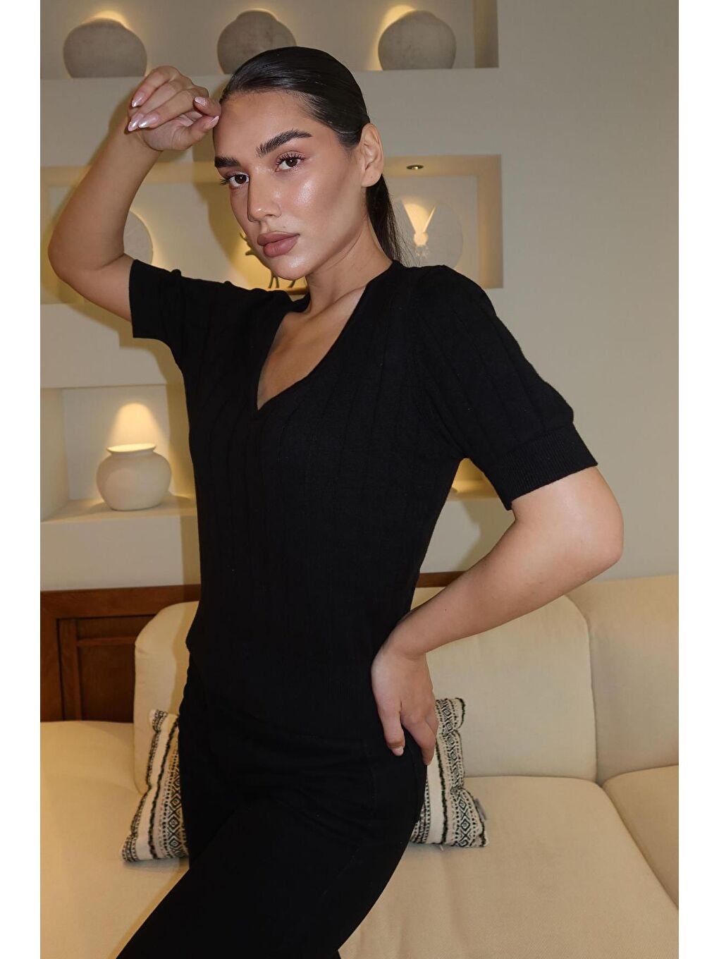 Siyah V Yaka Örgülü Kadın Triko Tişört Mg2369-5