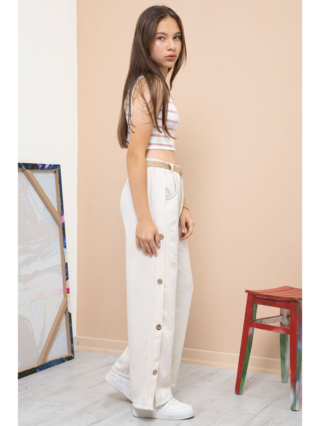 Ekru Krem Düğme Detaylı Geniş Paça Kız Çocuk Kemerli Pantolon 21150-1