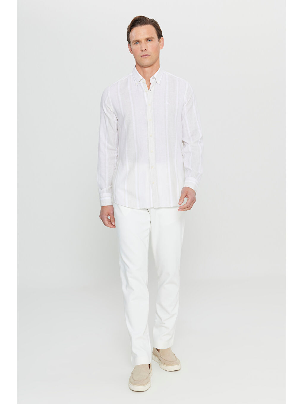 Erkek Bej-Ekru Pamuklu Keten Slim Fit Dar Kesim Düğmeli Yaka Çizgili Gömlek-1