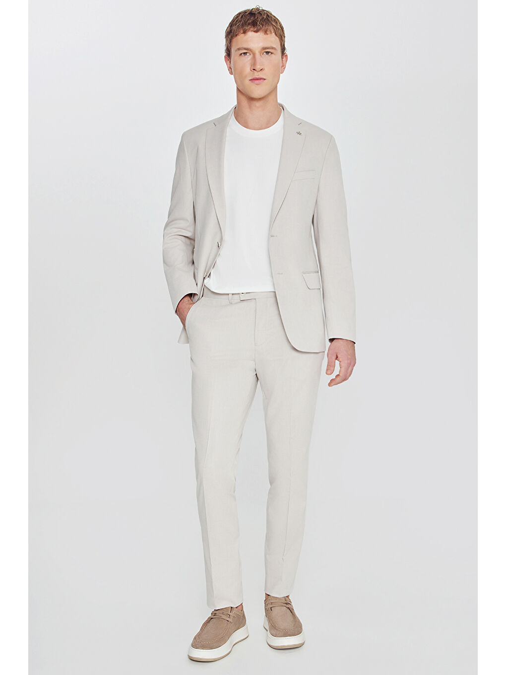 Erkek Bej Pamuklu Slim Fit Dar Kesim Mono Yaka Diagonal Desenli Kapak Cepli Takım Elbise