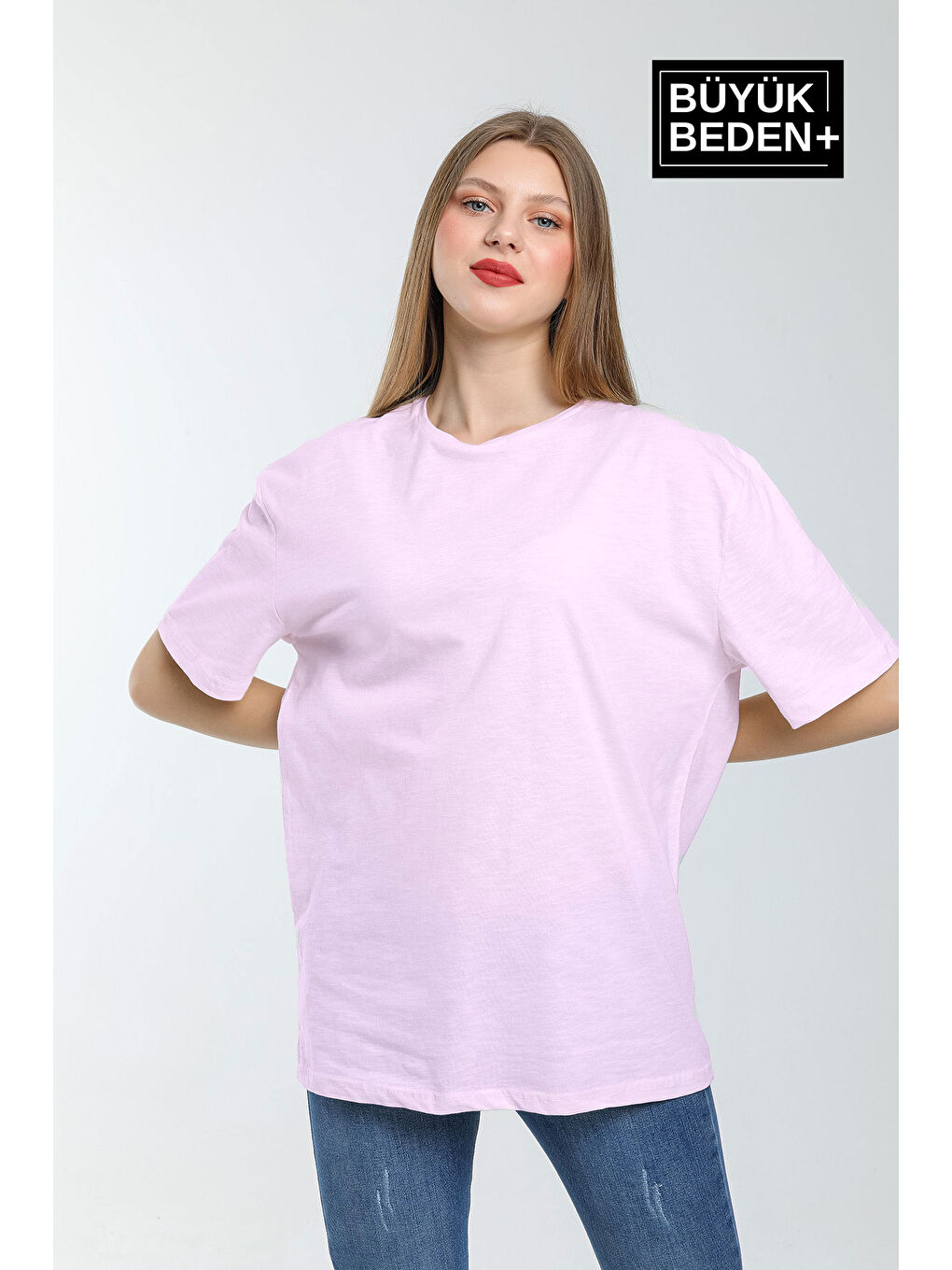 Pembe Kadın Büyük Beden Bisiklet Yaka Tshırt SPR25BTSK10