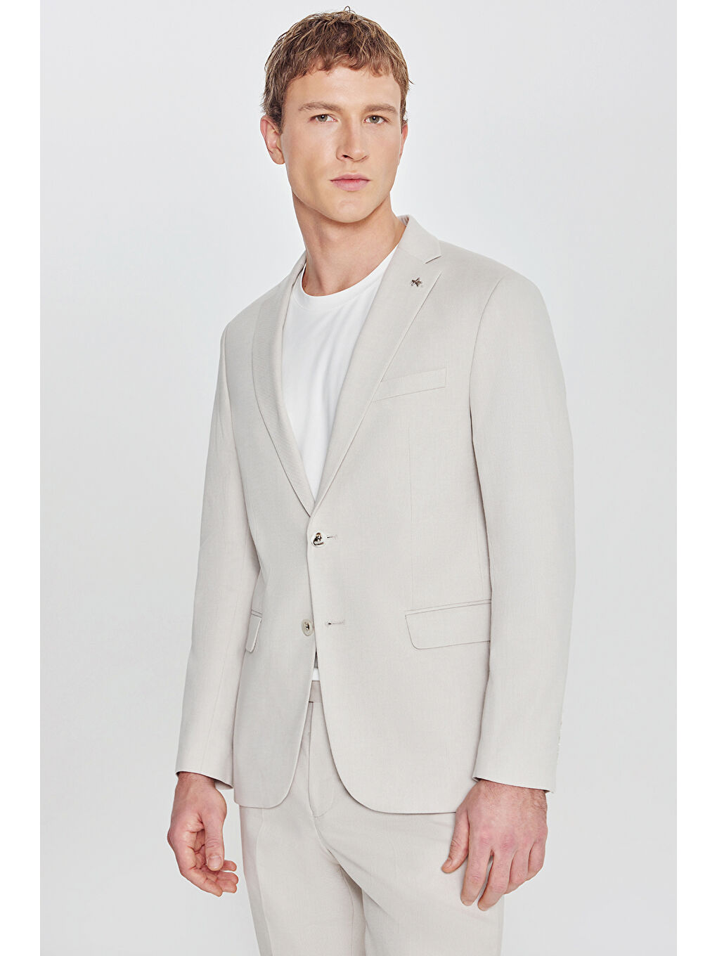 Erkek Bej Pamuklu Slim Fit Dar Kesim Mono Yaka Diagonal Desenli Kapak Cepli Takım Elbise-1