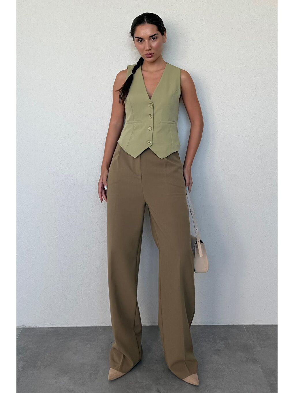 Haki Yüksek Bel Kadın Palazzo Pantolon Mg2506-3