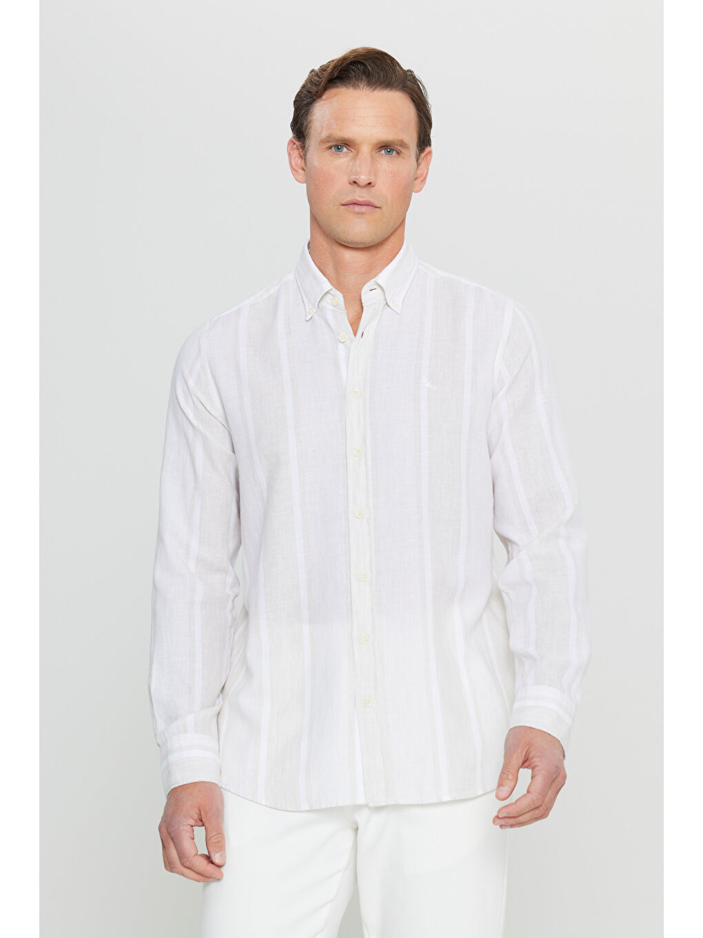 Erkek Bej-Ekru Pamuklu Keten Slim Fit Dar Kesim Düğmeli Yaka Çizgili Gömlek-2