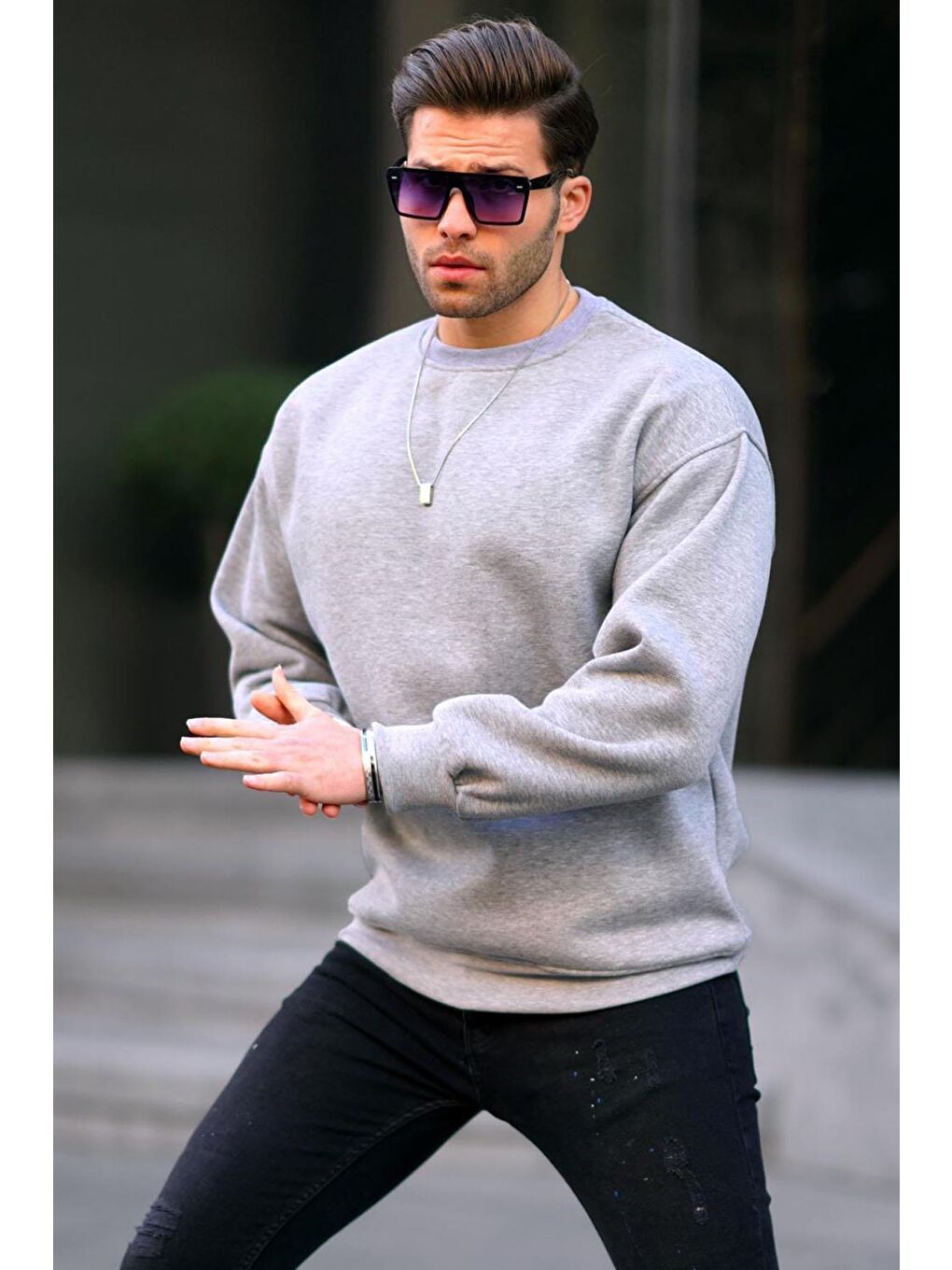 Grimelanj Bisiklet Yaka Oversize Şardonlu Basic Erkek Sweatshirt 6048-1