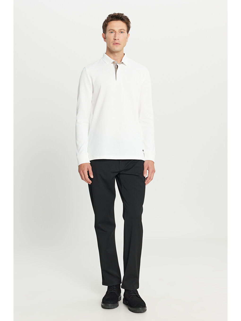 Erkek Ekru %100 Pamuk Slim Fit Dar Kesim Polo Yaka Uzun Kollu Tişört-1