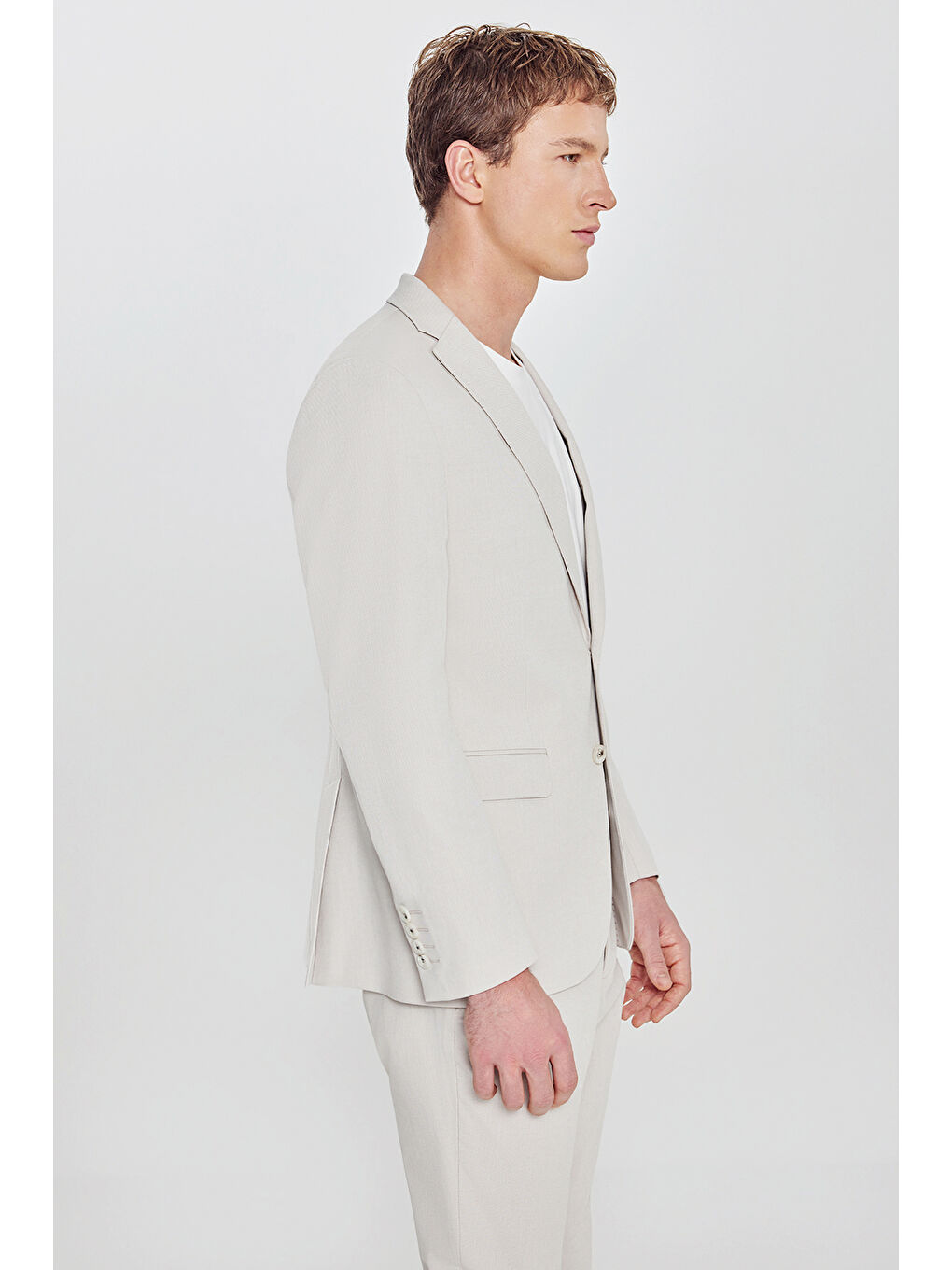 Erkek Bej Pamuklu Slim Fit Dar Kesim Mono Yaka Diagonal Desenli Kapak Cepli Takım Elbise-2