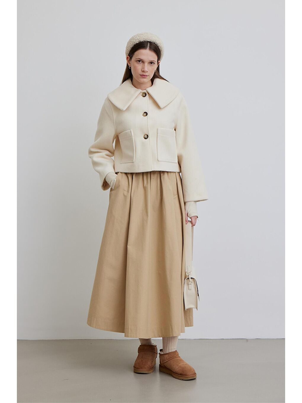 Geniş Yakalı Kaşe Ceket Ekru-1