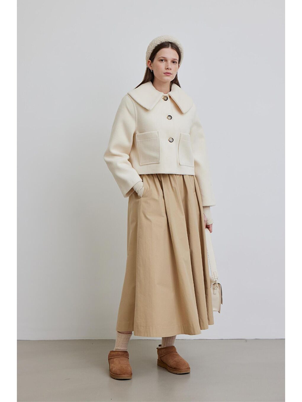 Geniş Yakalı Kaşe Ceket Ekru-2