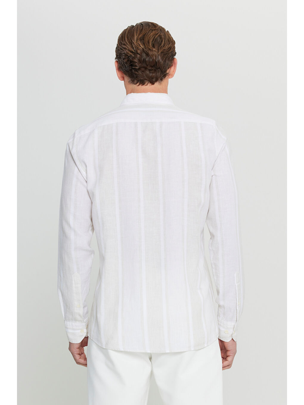 Erkek Bej-Ekru Pamuklu Keten Slim Fit Dar Kesim Düğmeli Yaka Çizgili Gömlek-4