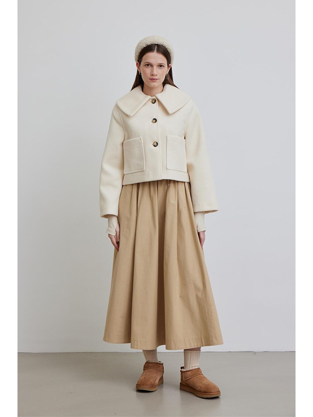 Geniş Yakalı Kaşe Ceket Ekru-3