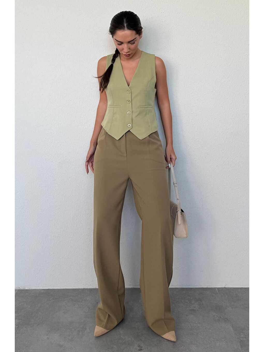 Haki Yüksek Bel Kadın Palazzo Pantolon Mg2506-4