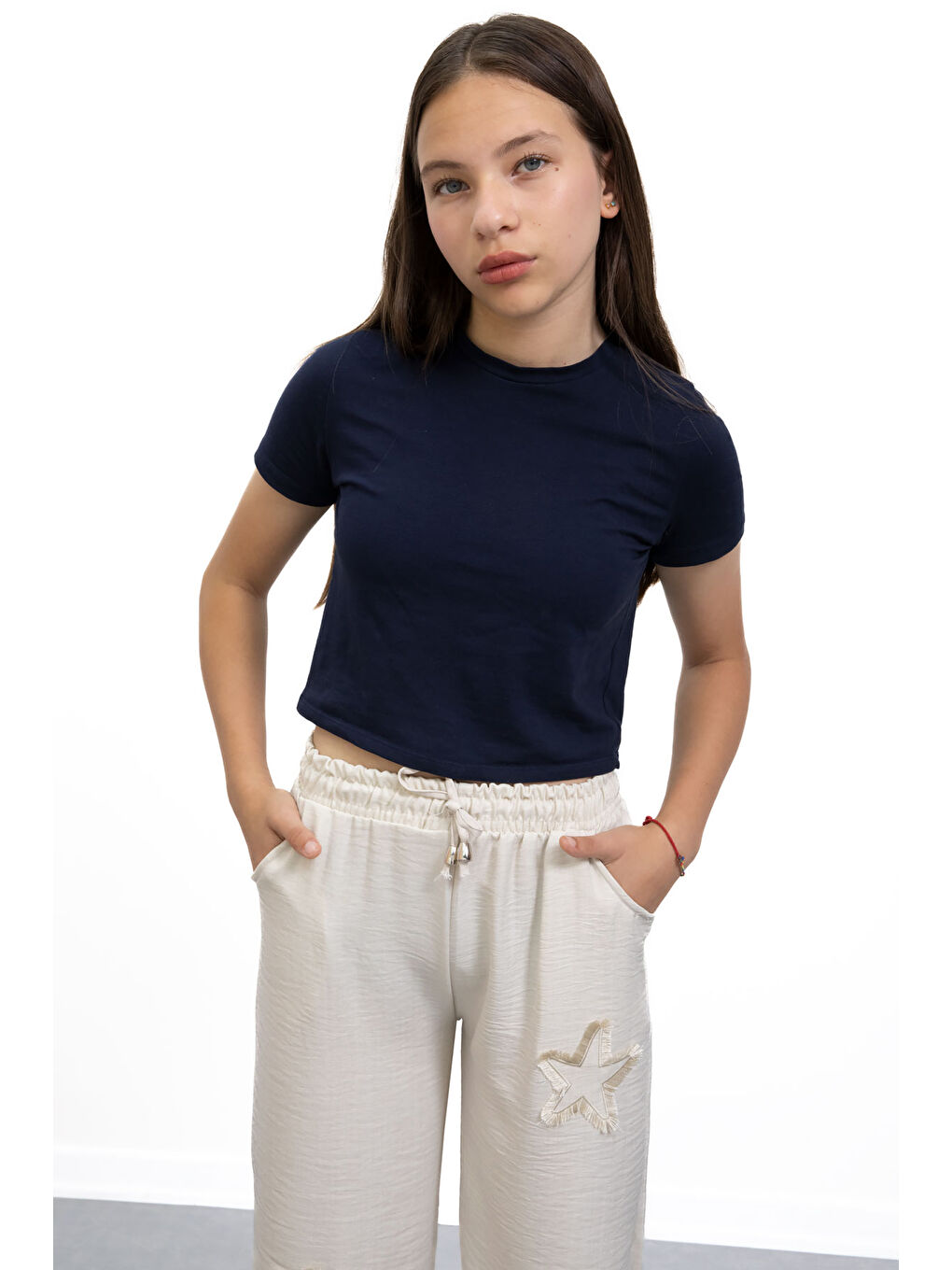 Ekru Krem Yıldız Nakışlı Geniş Paça Rahat Kumaş Kız Çocuk Pantolon 21147-1