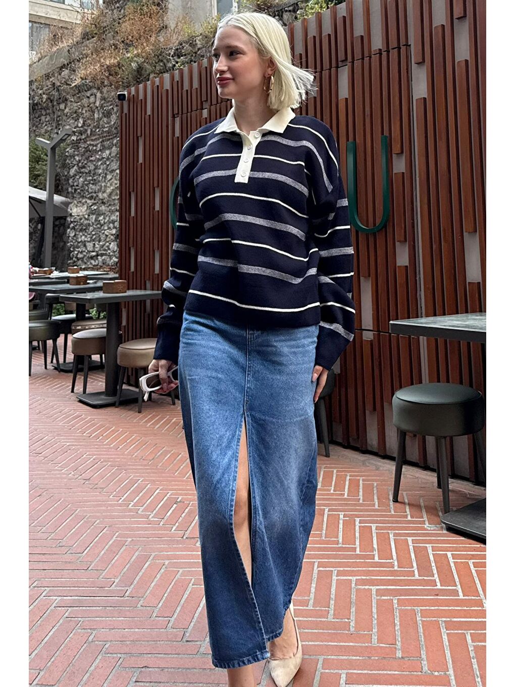 Lacivert Çizgili Polo Yaka Kadın Kazak Mg2476-3