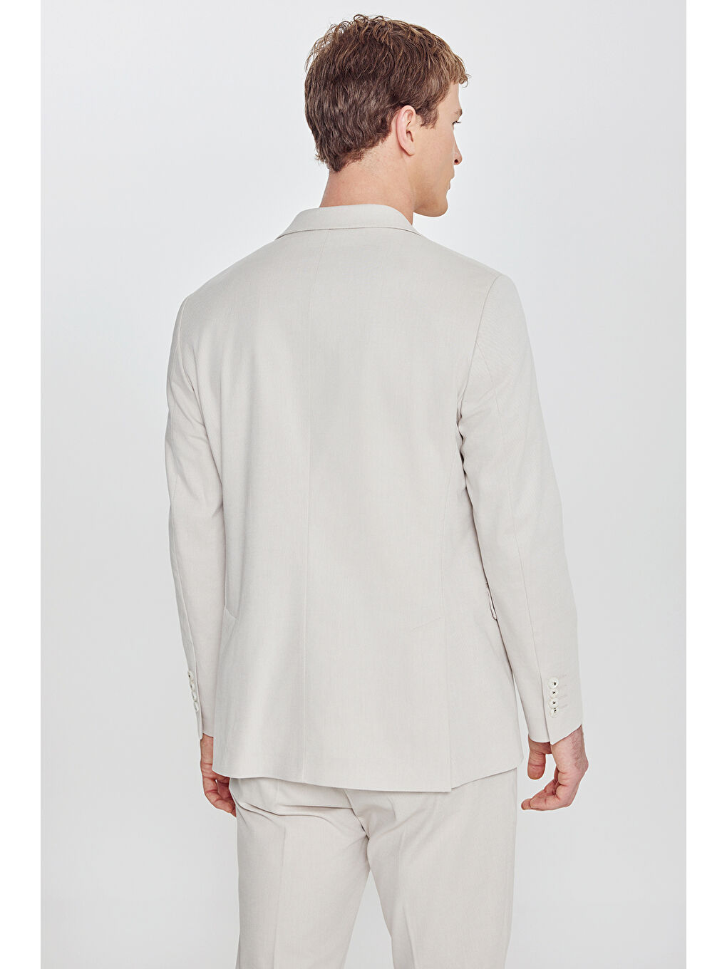 Erkek Bej Pamuklu Slim Fit Dar Kesim Mono Yaka Diagonal Desenli Kapak Cepli Takım Elbise-4