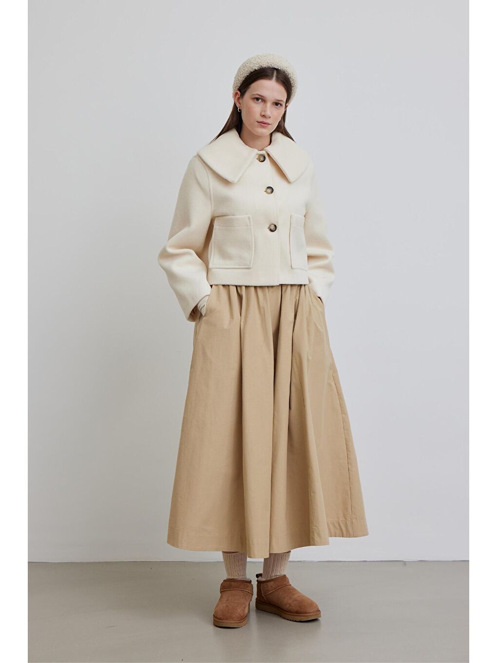 Geniş Yakalı Kaşe Ceket Ekru-4