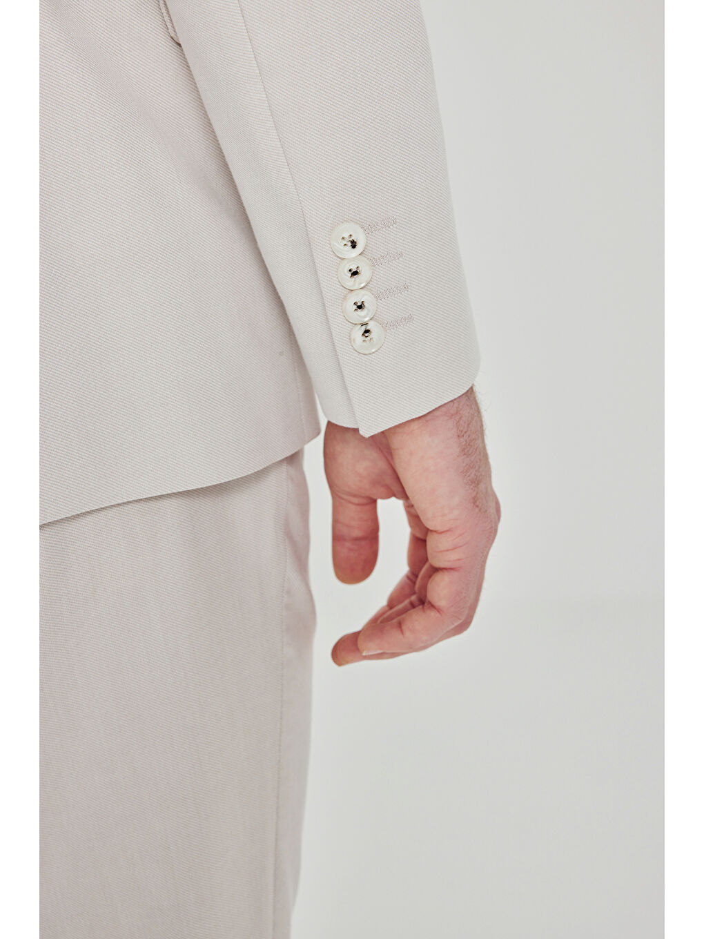 Erkek Bej Pamuklu Slim Fit Dar Kesim Mono Yaka Diagonal Desenli Kapak Cepli Takım Elbise-5