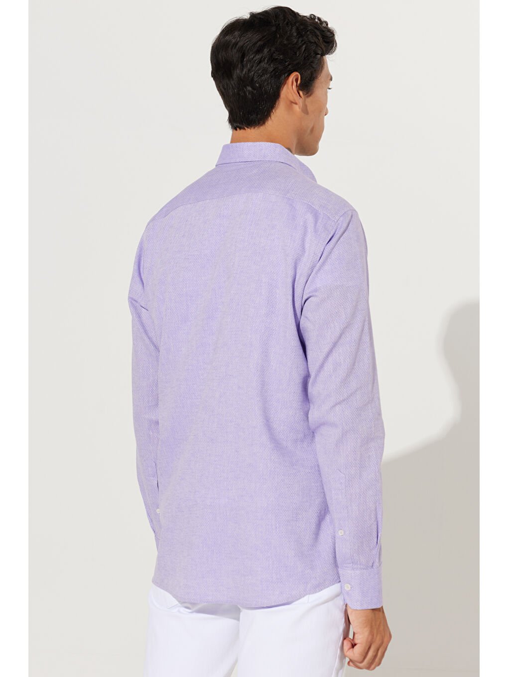 Erkek Lila Slim Fit Dar Kesim Düğmeli Yaka Pamuklu Armürlü Keten Gömlek-5