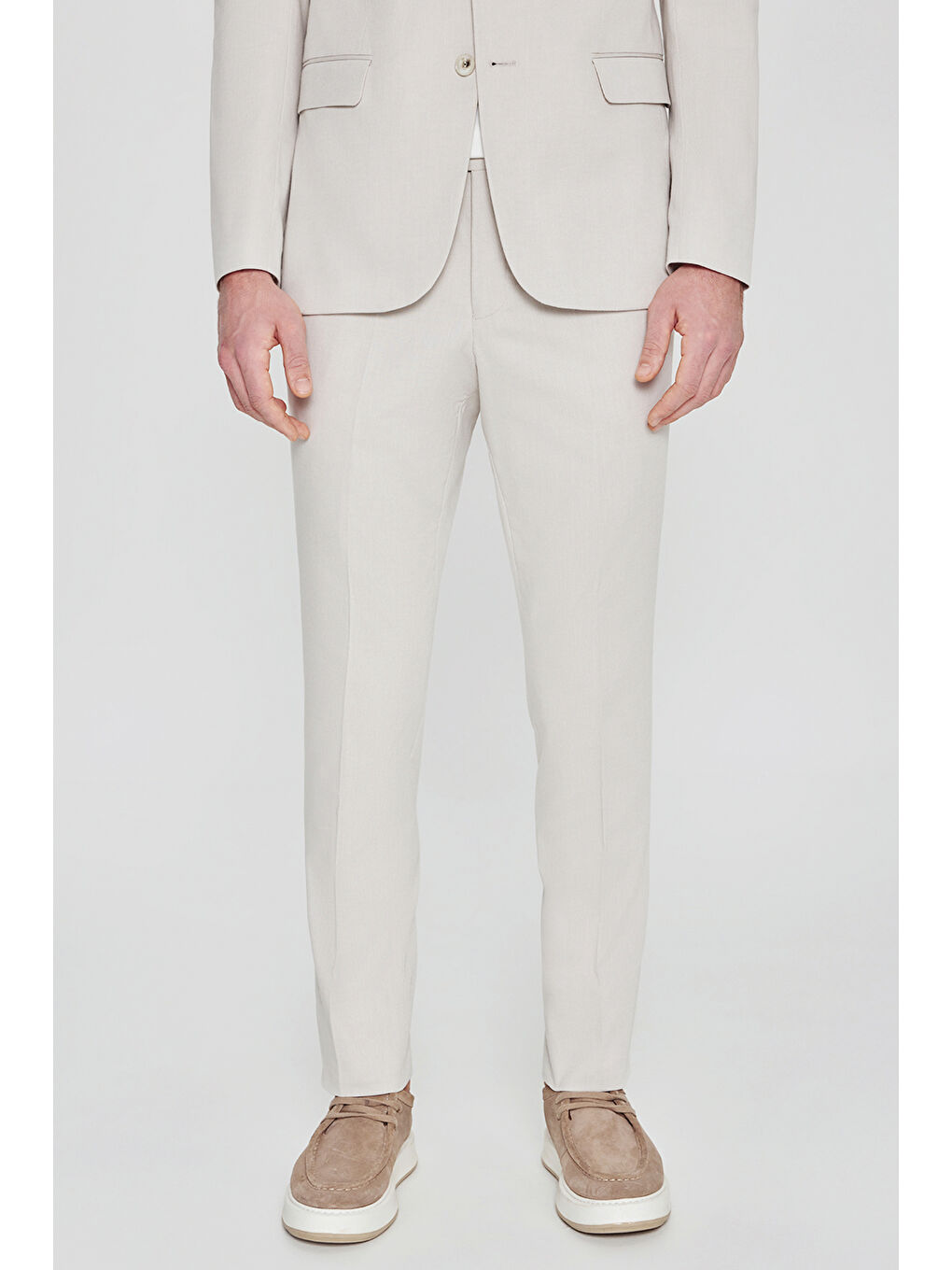 Erkek Bej Pamuklu Slim Fit Dar Kesim Mono Yaka Diagonal Desenli Kapak Cepli Takım Elbise-6