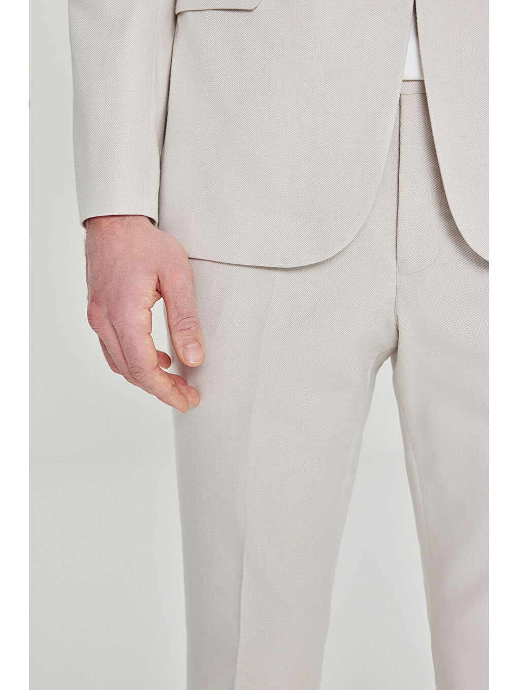 Erkek Bej Pamuklu Slim Fit Dar Kesim Mono Yaka Diagonal Desenli Kapak Cepli Takım Elbise-7