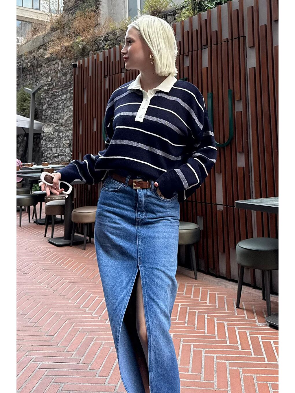 Lacivert Çizgili Polo Yaka Kadın Kazak Mg2476-4