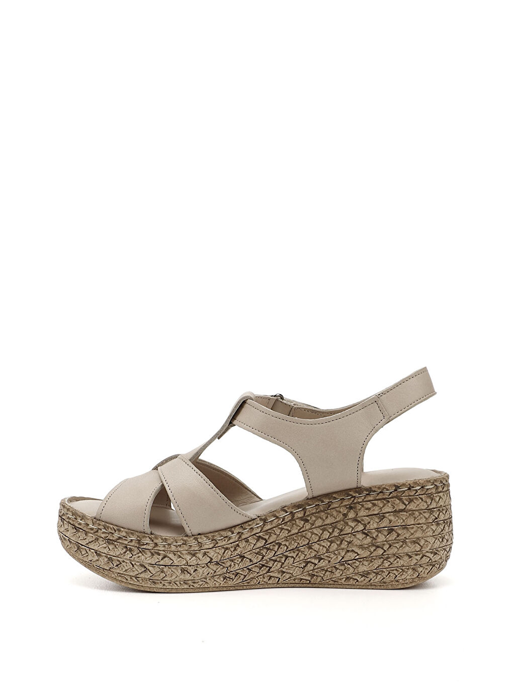 Bej Kadın BEJ-TEN RENGİ Cırt Bantlı Dolgu Tabanlı Hakiki Deri Sandalet-2