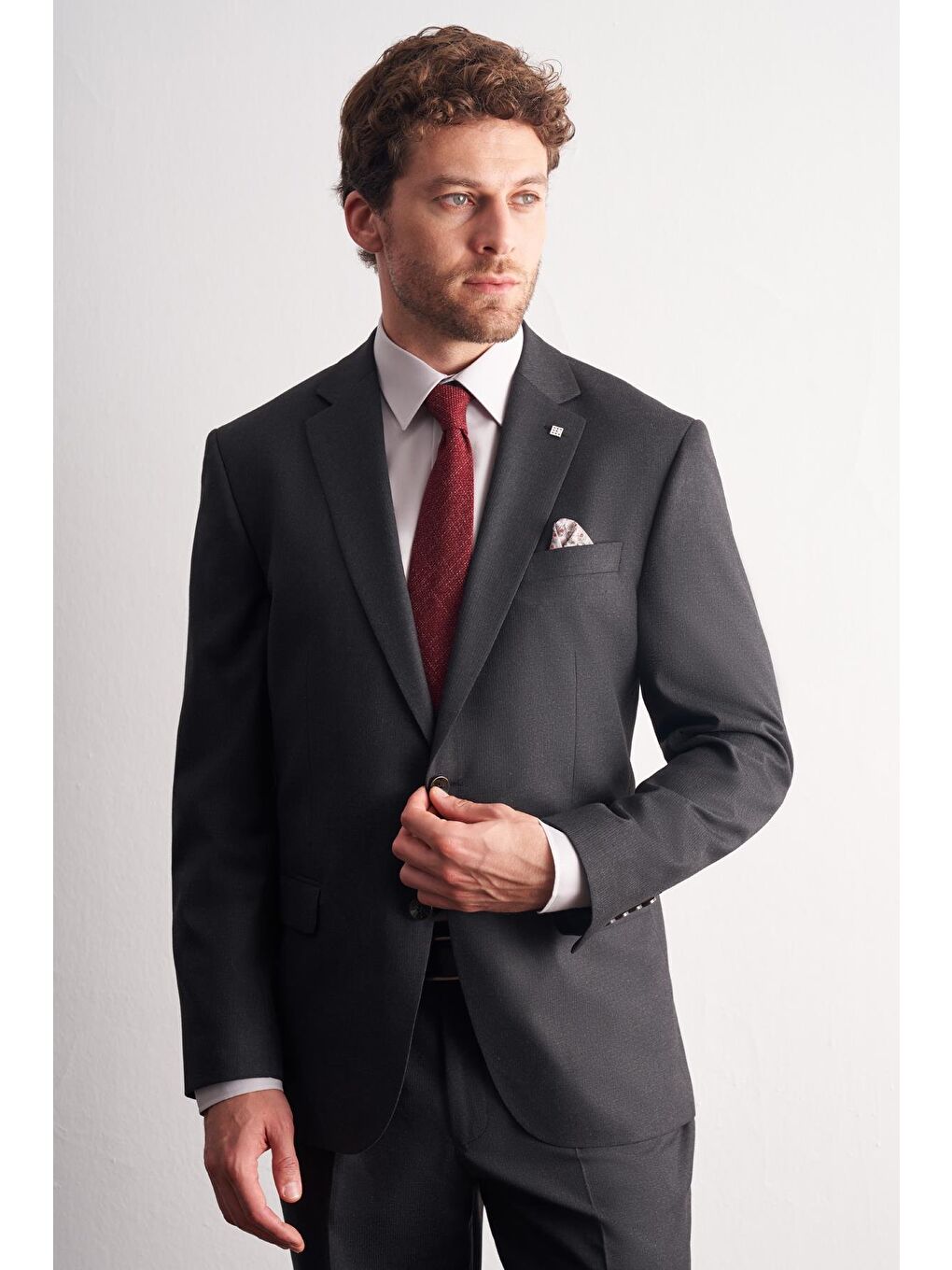 Antrasit Mono Yaka Kendinden Çizgili Desen Esnek 4 Drop Comfort Fit Classic Takım Elbise 1001255159-2