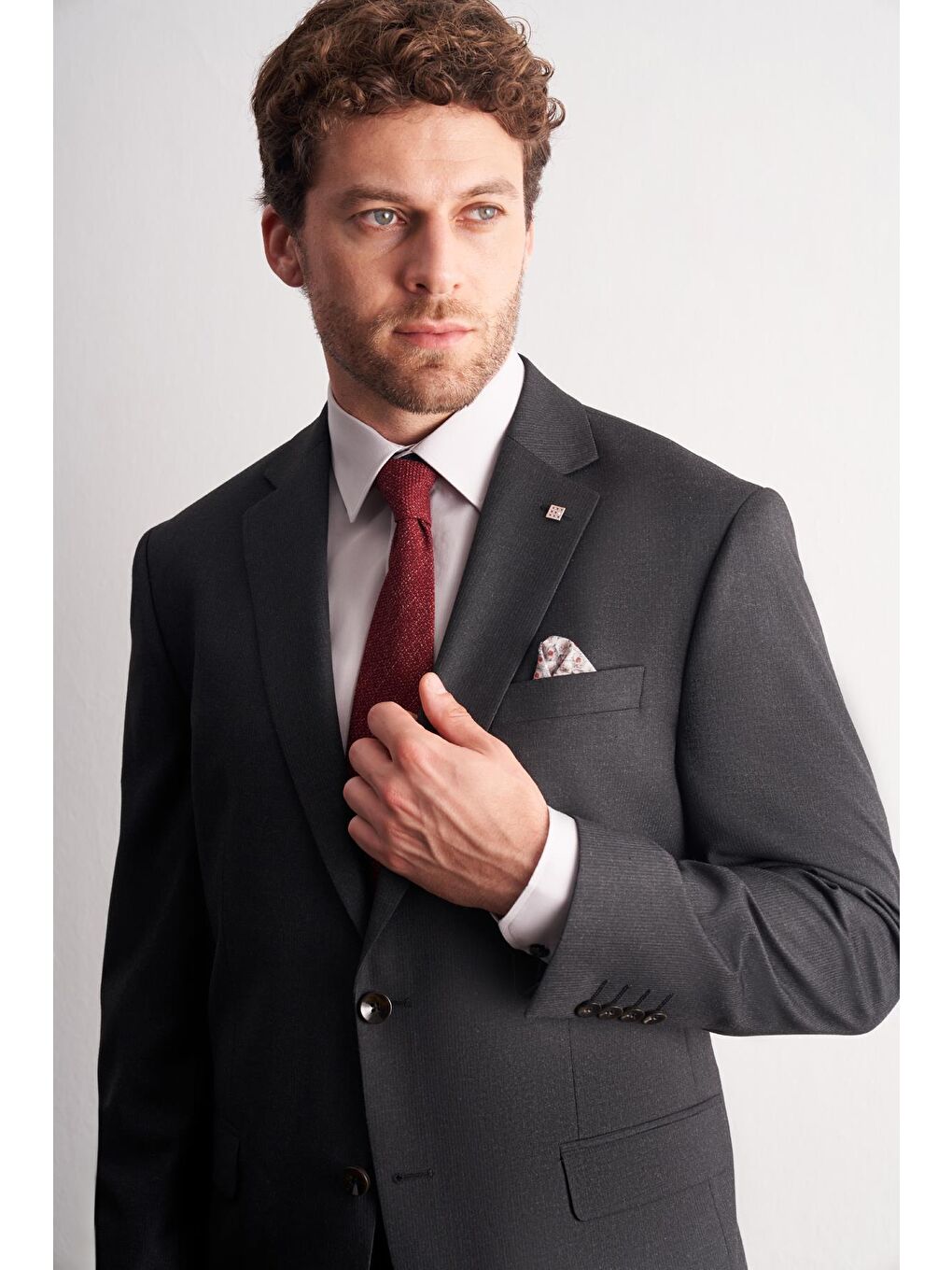Antrasit Mono Yaka Kendinden Çizgili Desen Esnek 4 Drop Comfort Fit Classic Takım Elbise 1001255159-3